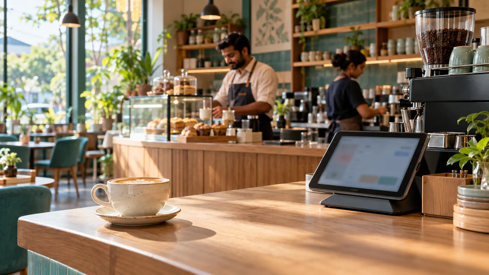 Illustrative café counter with a tablet, coffee and a team preparing for service